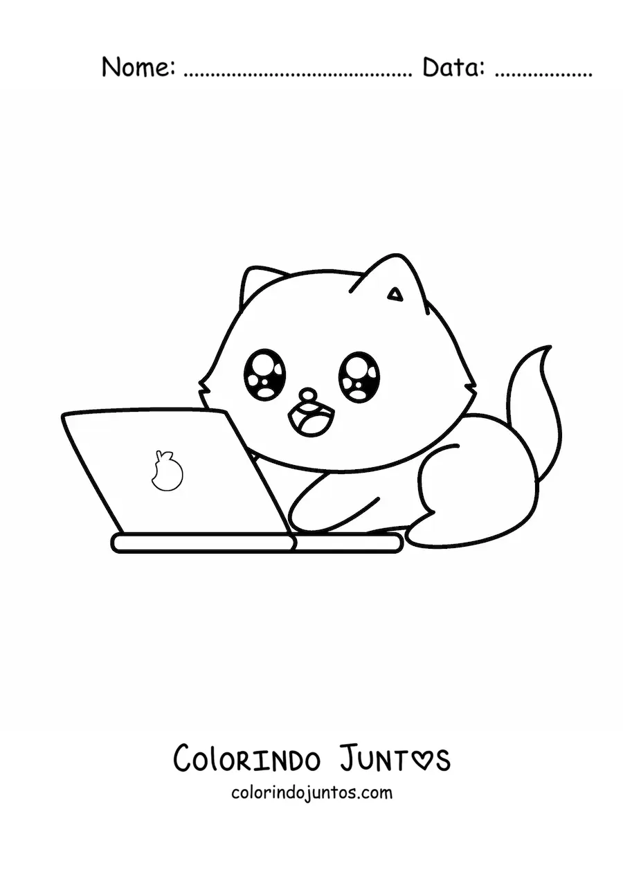 Desenho para colorir de gato kawaii usando um notebook