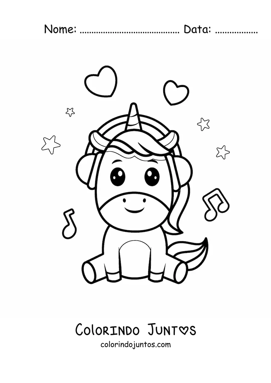 Desenho para colorir de unicórnio kawaii sentado ouvindo música com fones de ouvido