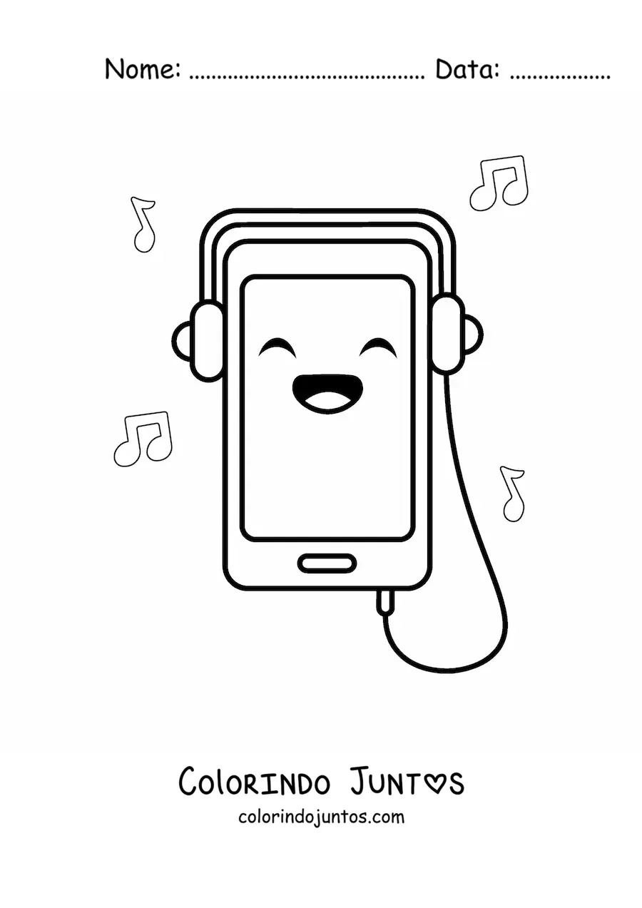 Desenho para colorir de smartphone kawaii com fones de ouvido