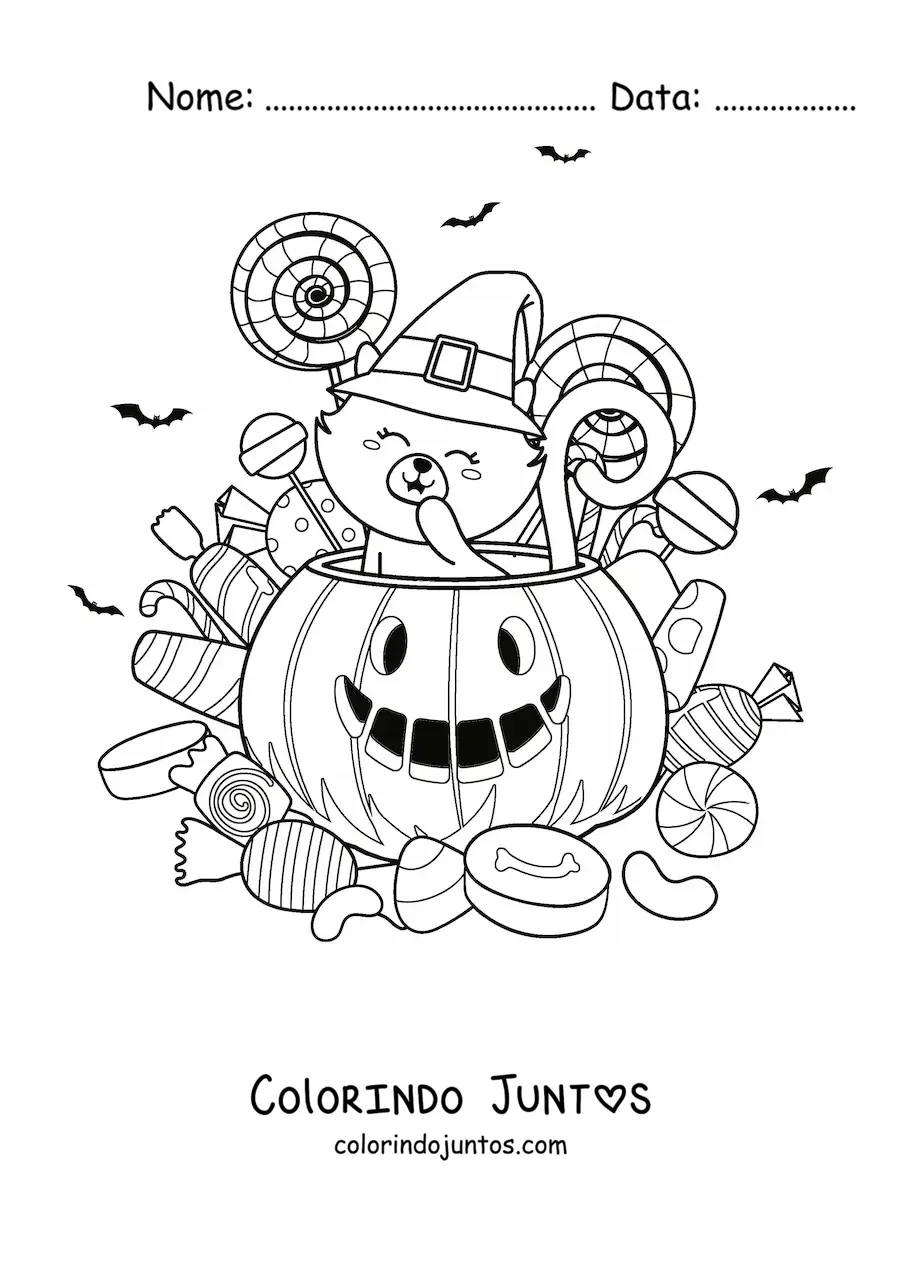 Desenho para colorir de um gato dentro de uma abobora de halloween com pirulitos e balas