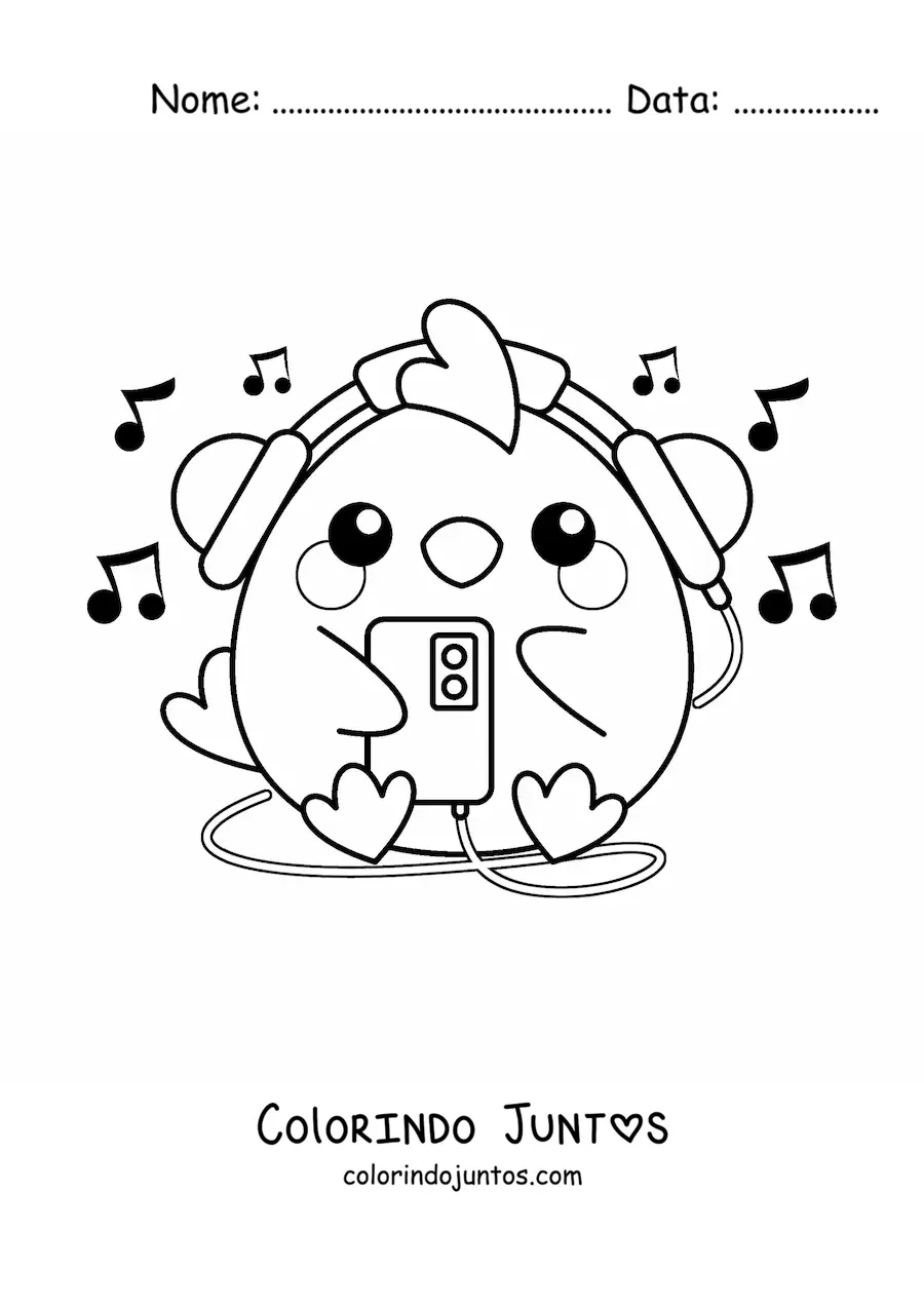 Desenho para colorir de pintinho kawaii ouvindo música no celular