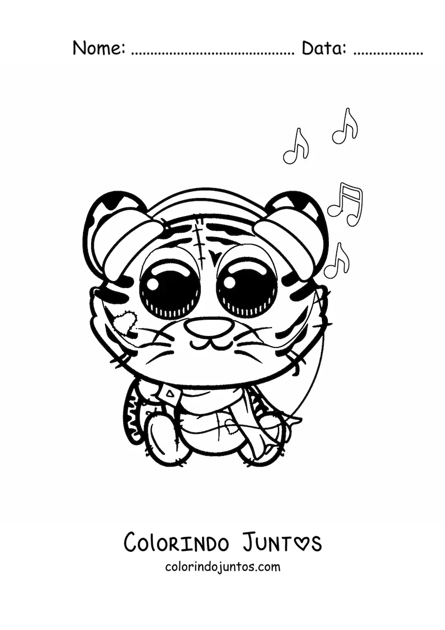 Desenho para colorir de tigre kawaii ouvindo música em um tocador portátil