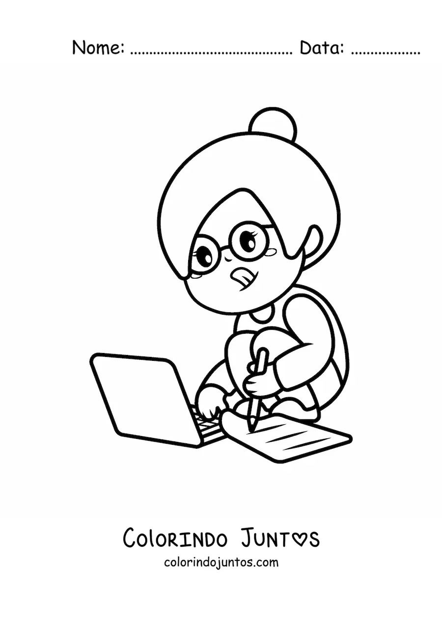 Desenho para colorir de menina kawaii fazendo lição de casa no notebook