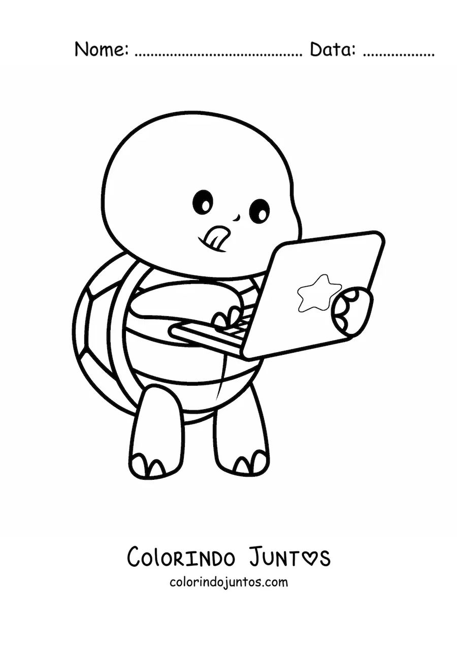 Desenho para colorir de tartaruga kawaii animada usando um notebook