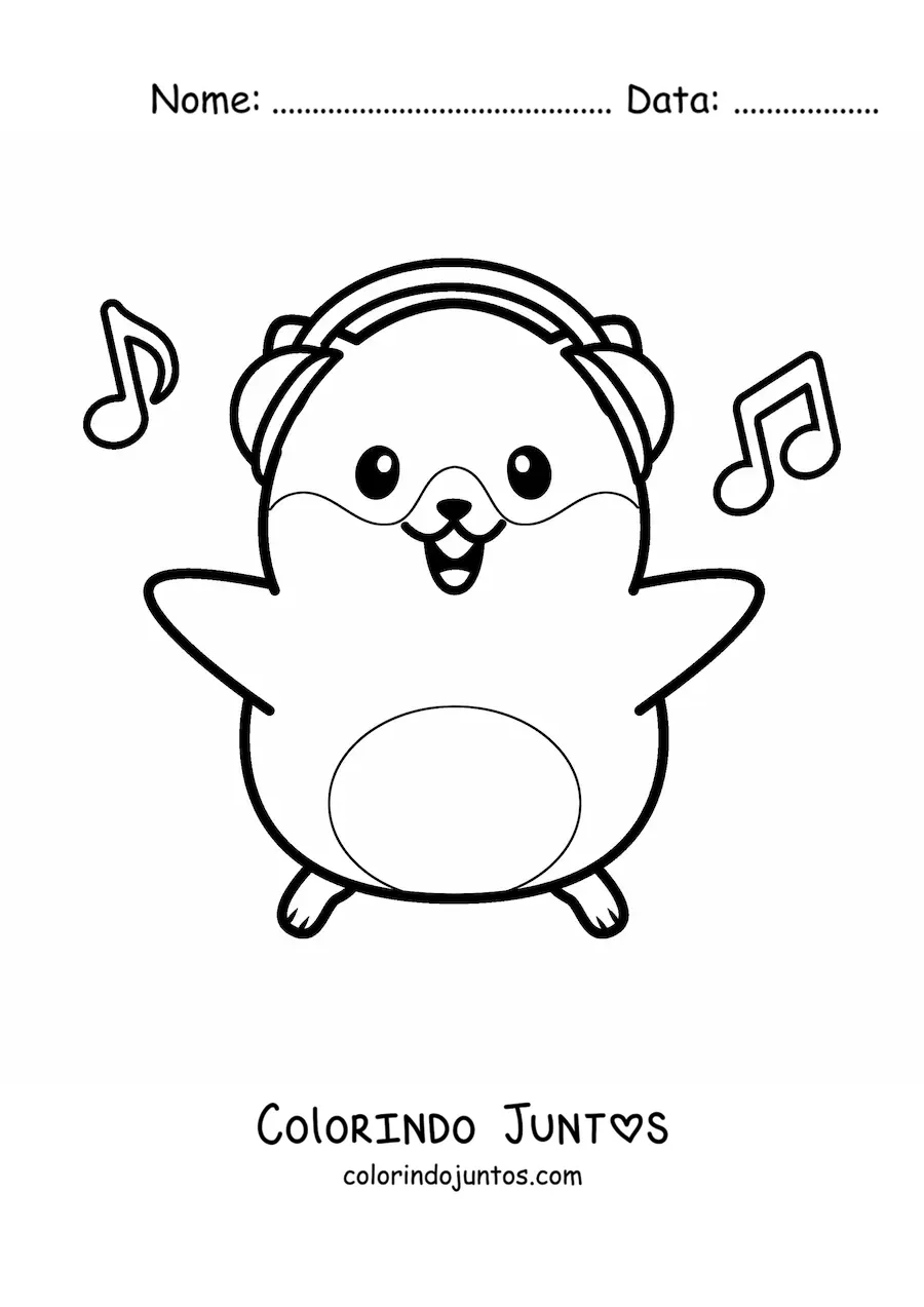 Desenho para colorir de hamster kawaii grande ouvindo música com fones de ouvido