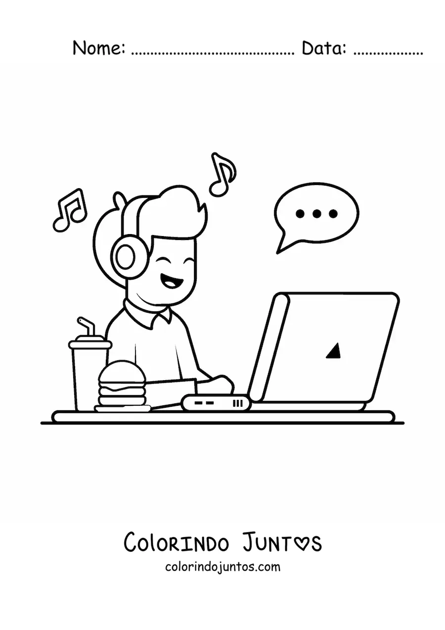 Desenho para colorir de menino kawaii ouvindo música em um notebook