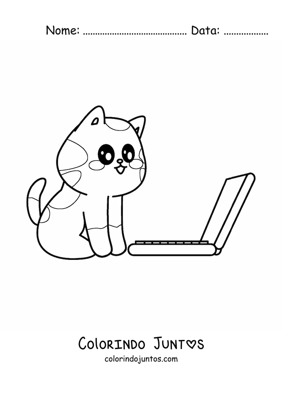 Desenho para colorir de gato kawaii sentado em frente a um notebook