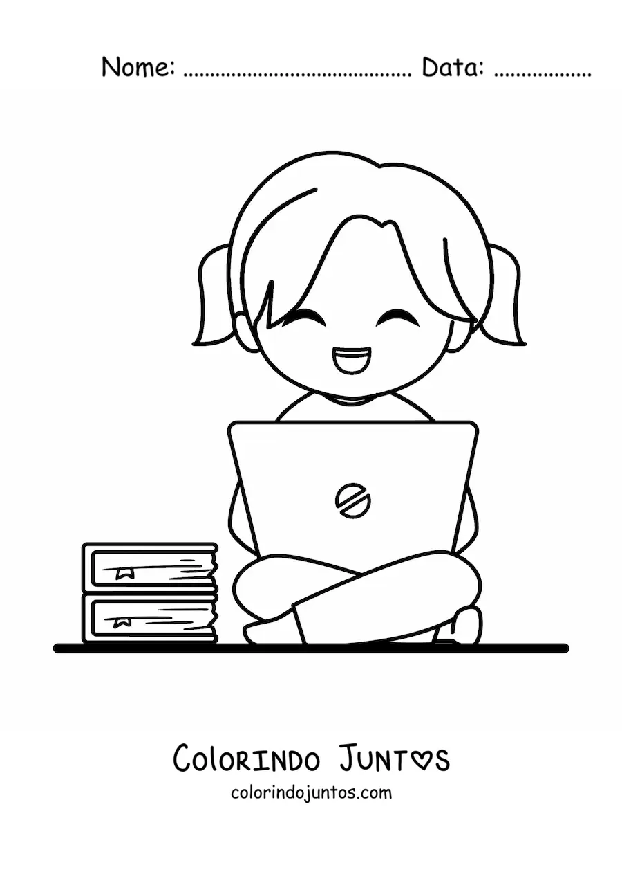 Desenho para colorir de menina kawaii estudando no notebook