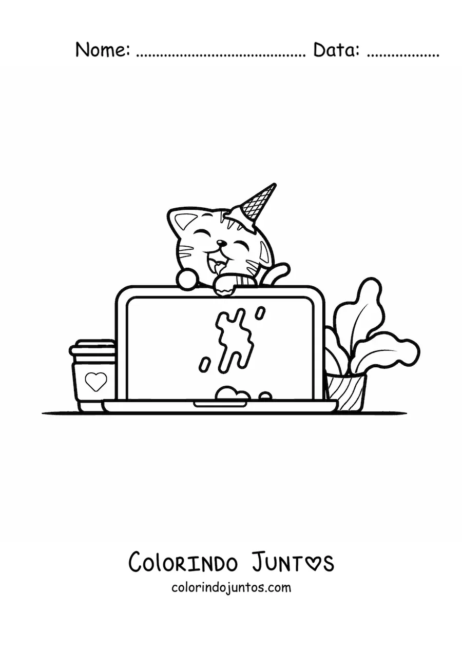 Desenho para colorir de gato kawaii sujando um notebook com sorvete