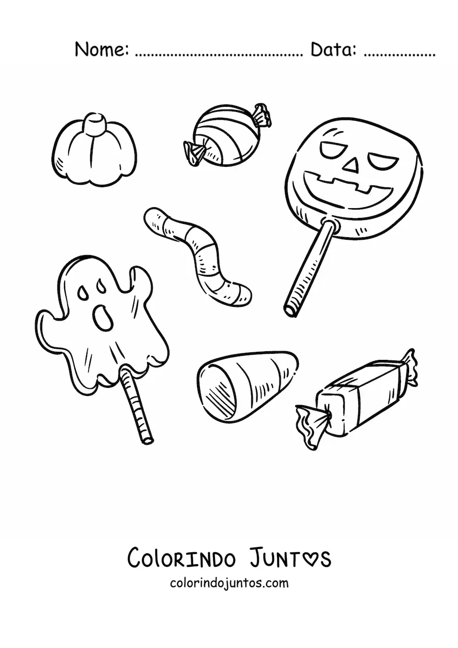 Desenho para colorir de varios pirulitos de halloween e balas