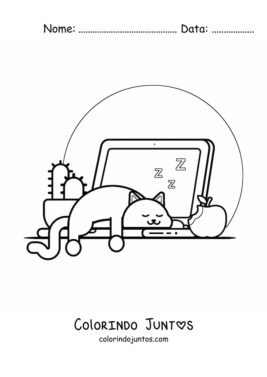 Desenho para colorir de gato kawaii dormindo sobre um notebook