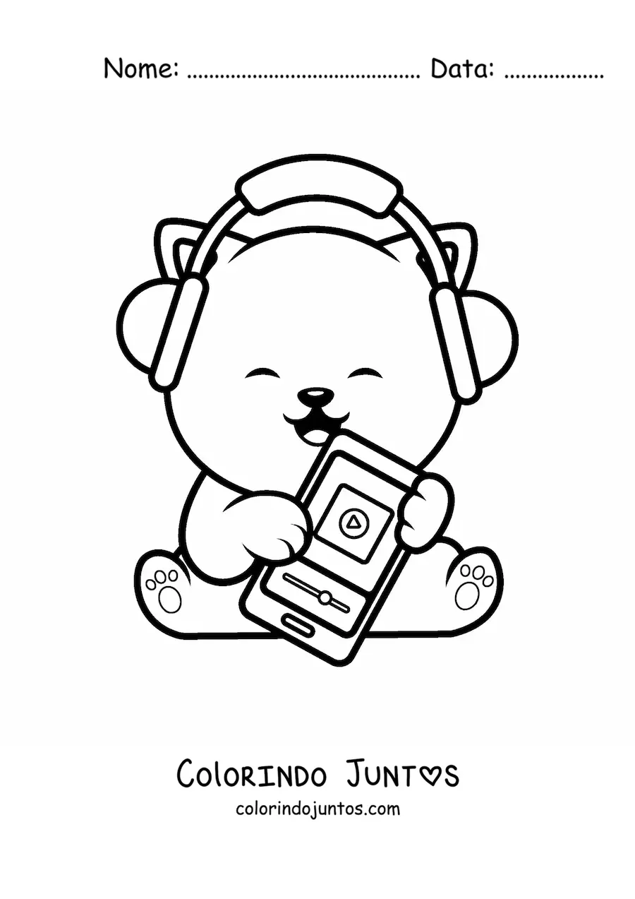 Desenho para colorir de gato kawaii ouvindo música no smartphone