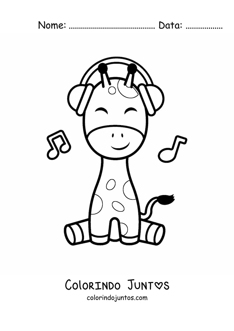 Desenho para colorir de girafa kawaii sentada ouvindo música com fones de ouvido