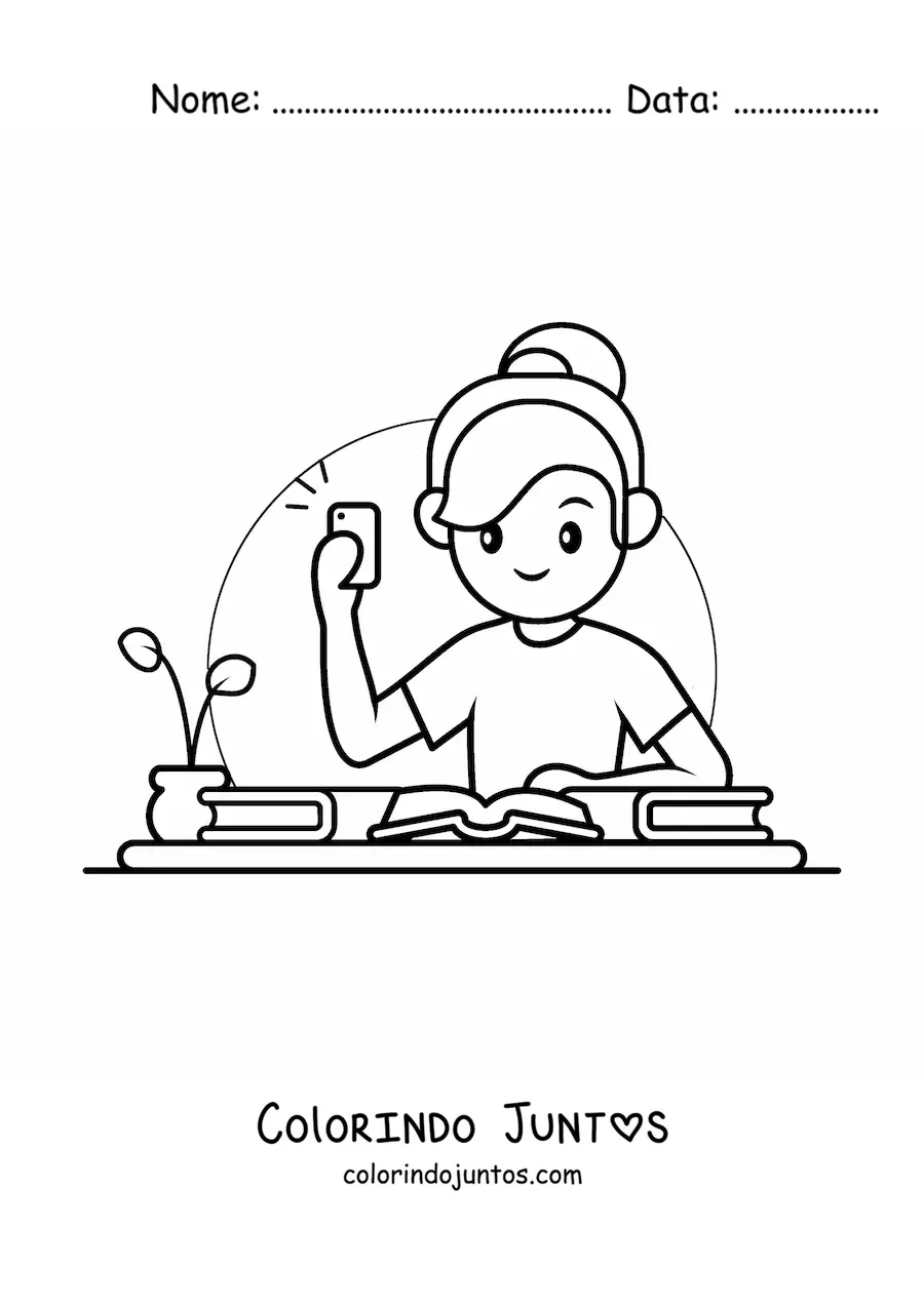 Desenho para colorir de menina kawaii tirando foto das anotações com o celular