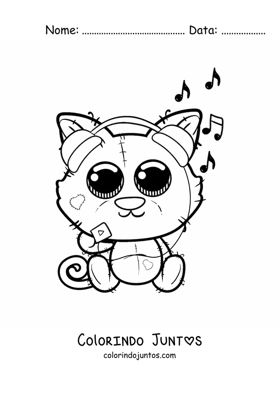 Desenho para colorir de gato kawaii ouvindo música em um tocador portátil