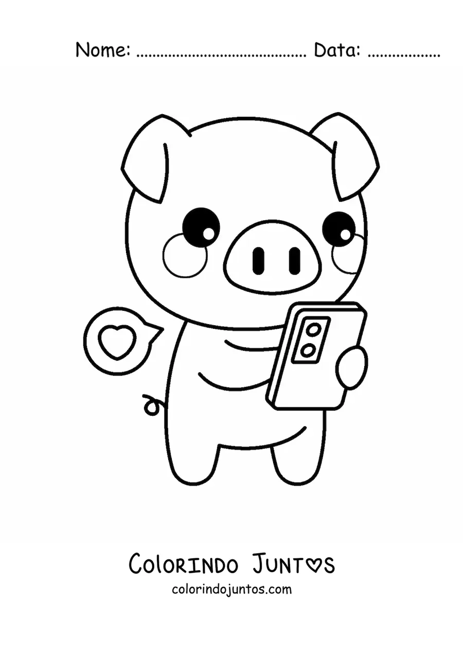 Desenho para colorir de porquinho kawaii conversando pelo celular