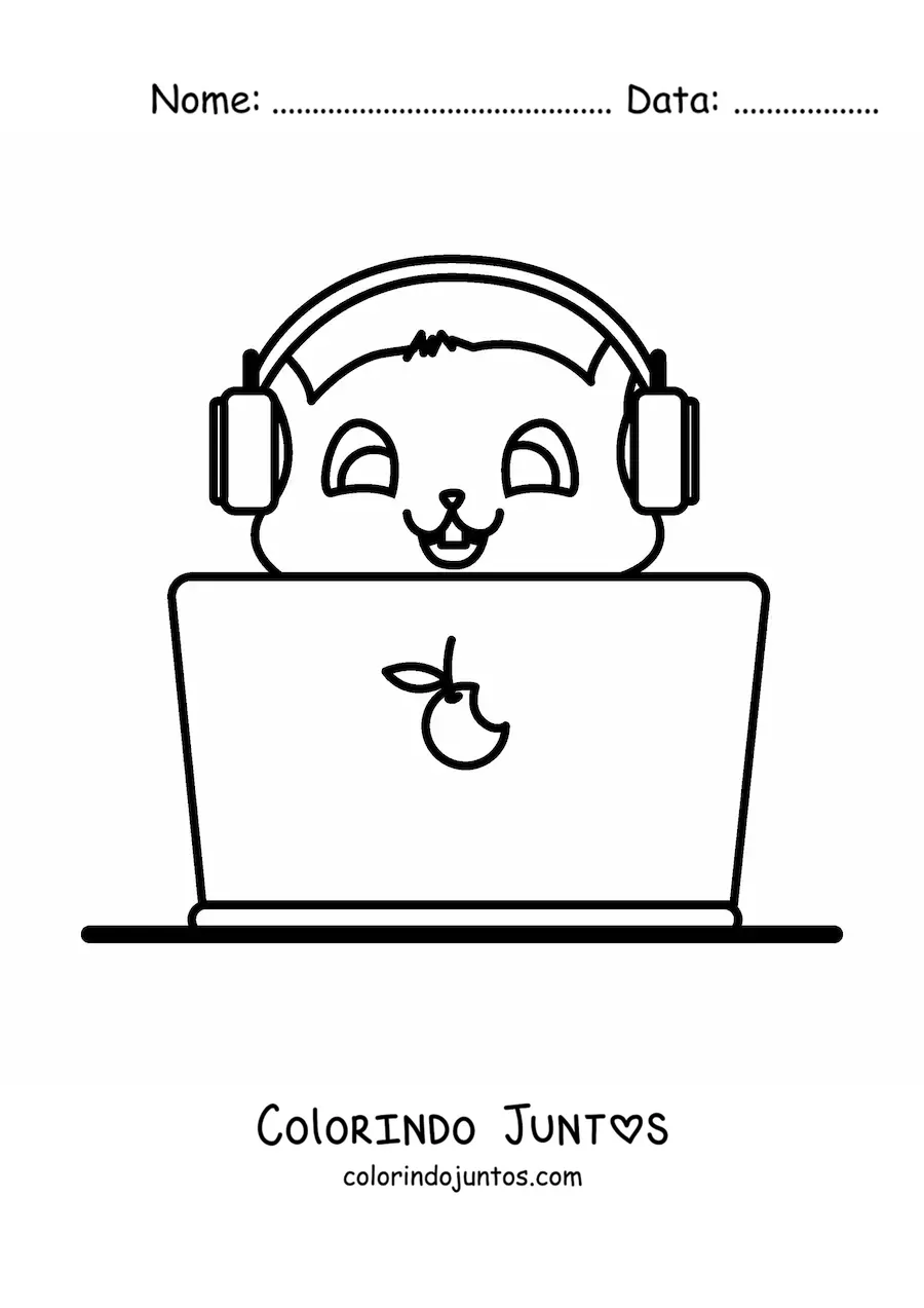 Desenho para colorir de gato kawaii com notebook