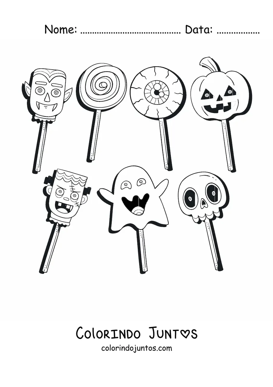 Desenho para colorir de varios pirulitos em formato de monstros e simbolos do halloween