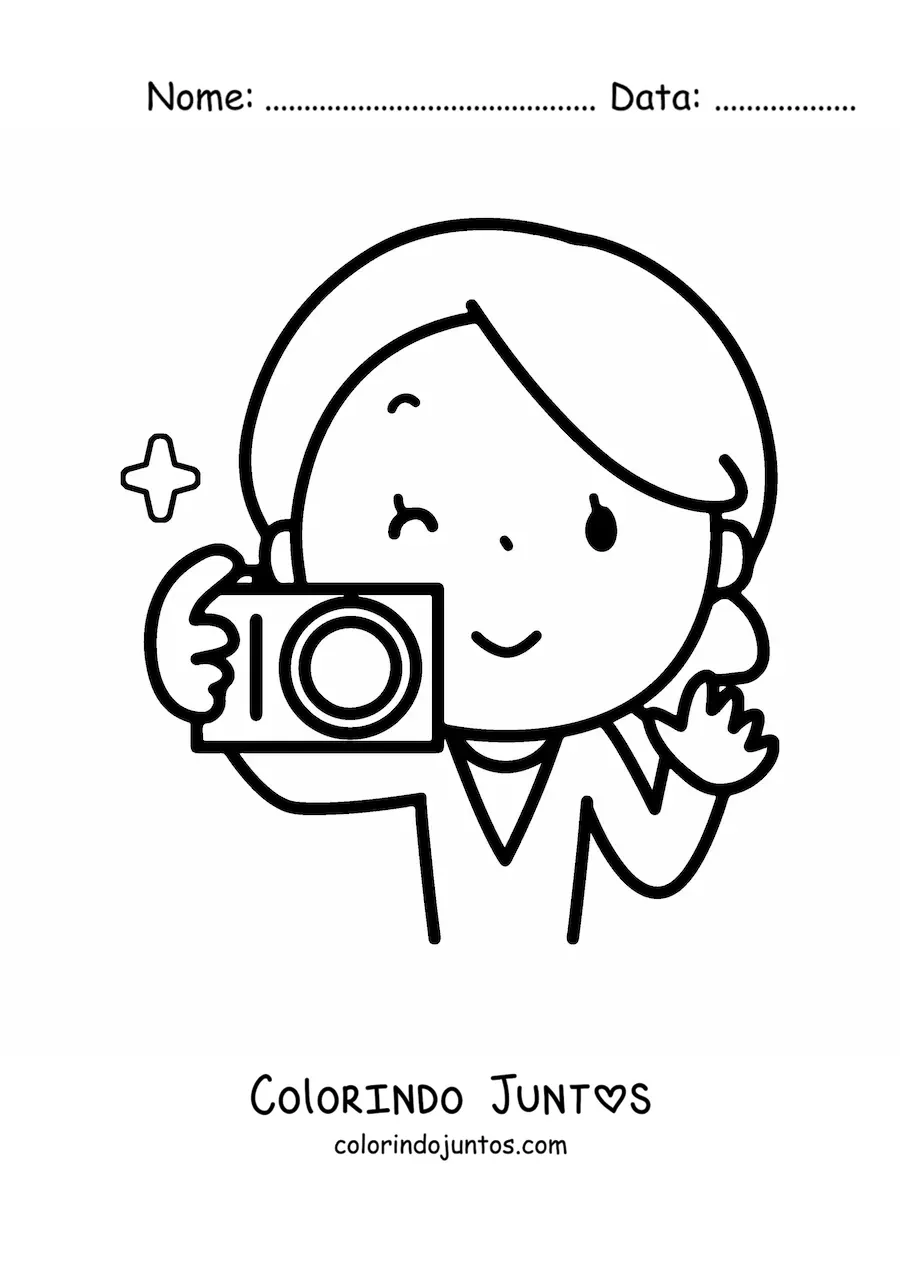 Desenho para colorir de mulher com câmera fotográfica