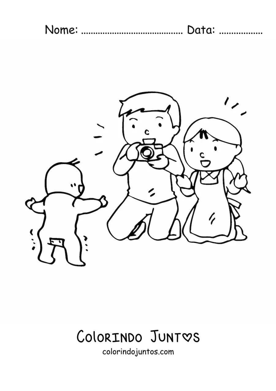 Desenho para colorir de pais tirando uma foto do bebê