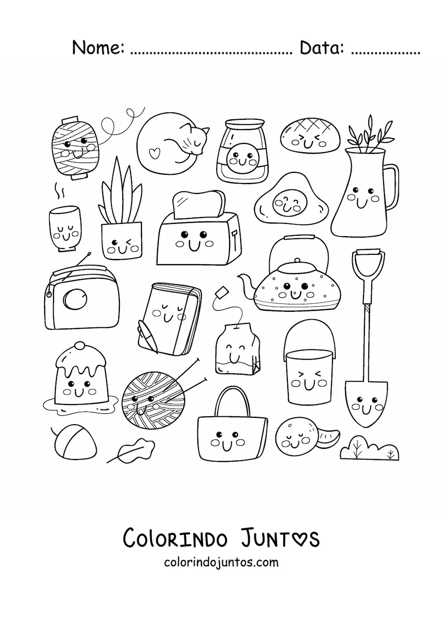 Desenho para colorir de café da manhã e coisas de casa kawaii