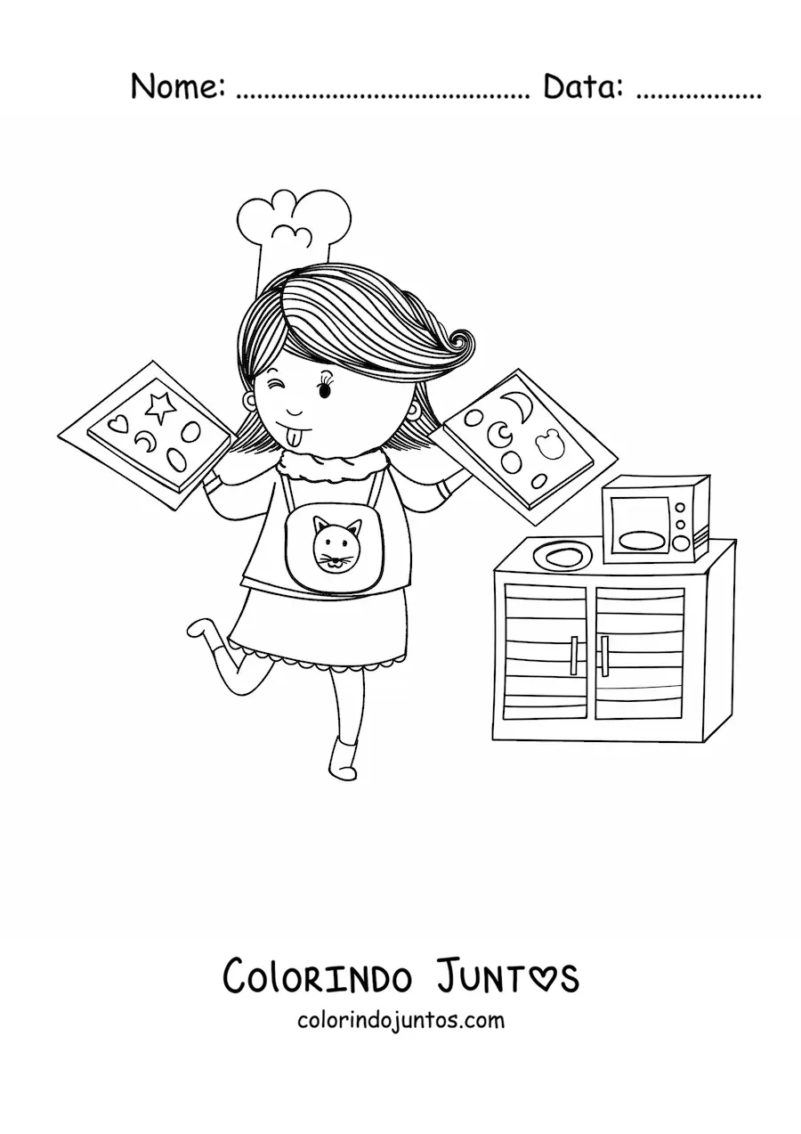 Desenho para colorir de uma menina assando biscoitos com duas bandejas nas maos