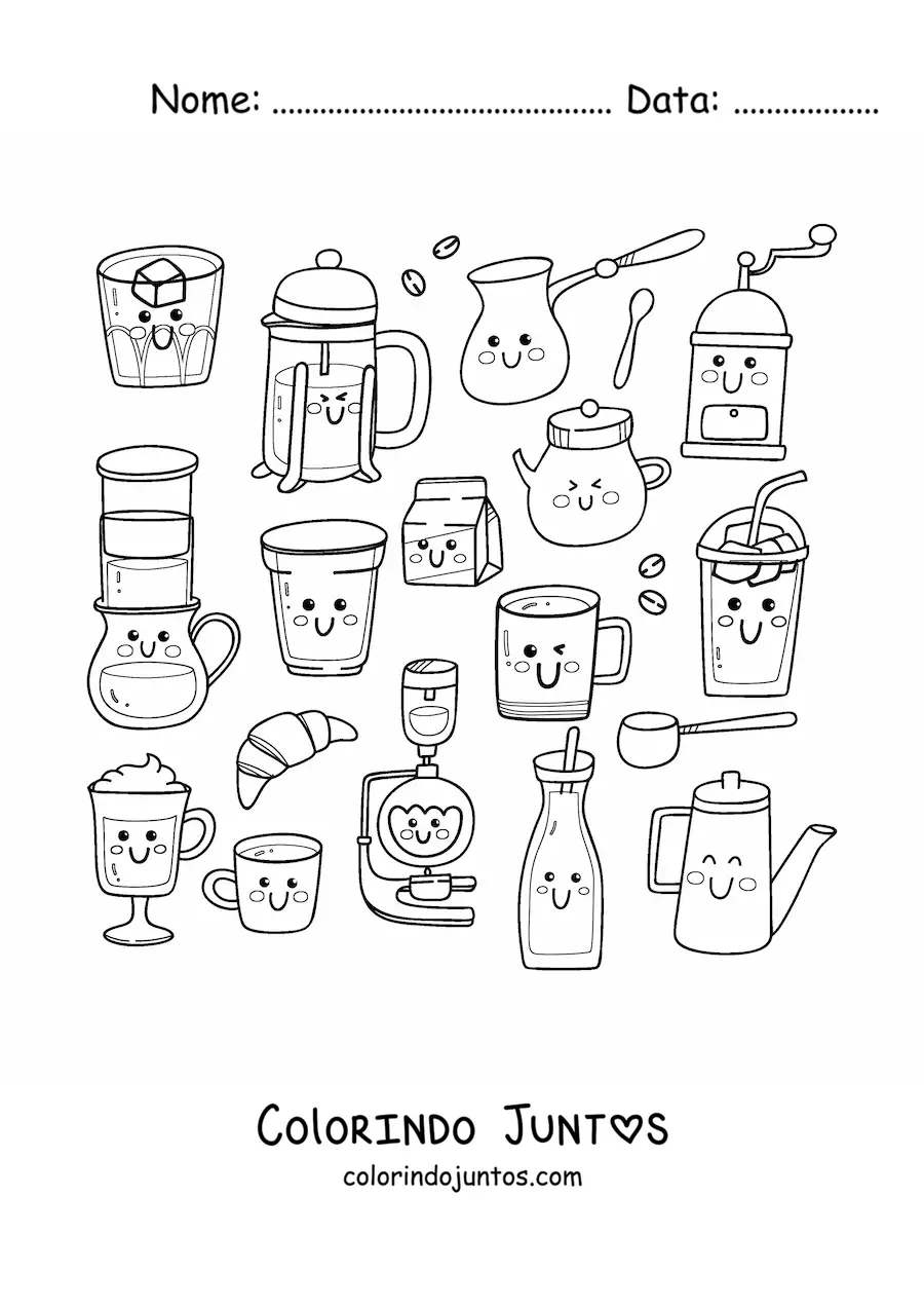 Desenho para colorir de café e comida de cafeteria kawaii