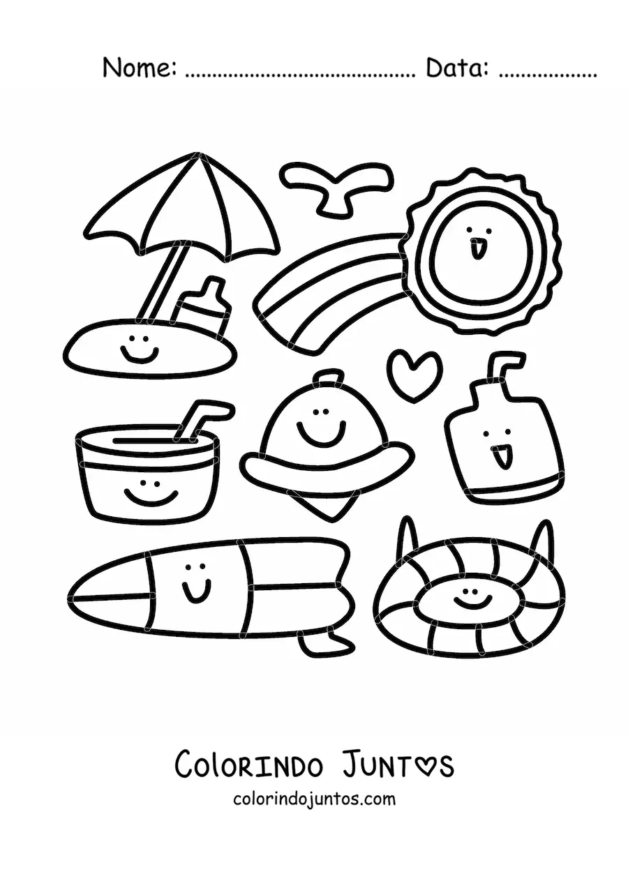 Desenho para colorir de coisas de praia kawaii