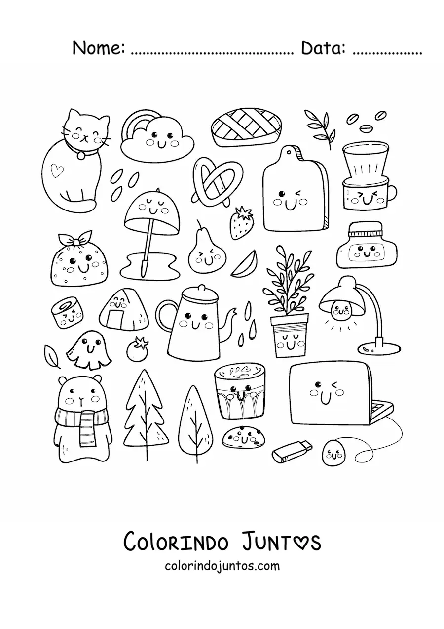 Desenho para colorir de gato e coisas de casa kawaii