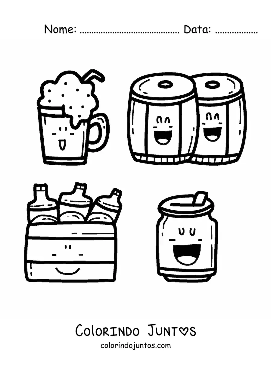 Desenho para colorir de cerveja e barris kawaii