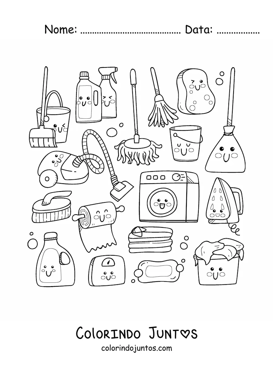 Desenho para colorir de coisas de limpeza kawaii
