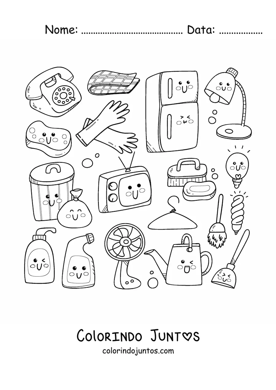 Desenho para colorir de objetos de limpeza da casa kawaii