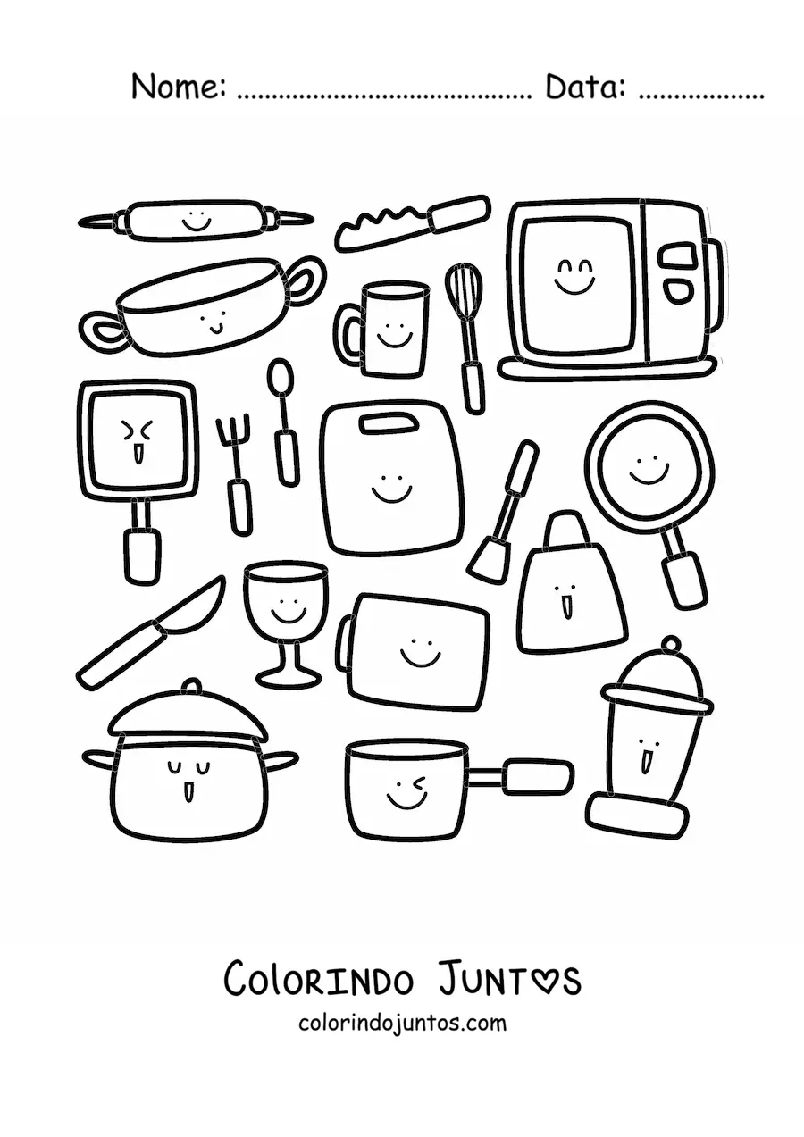 Desenho para colorir de utensílios de cozinha kawaii