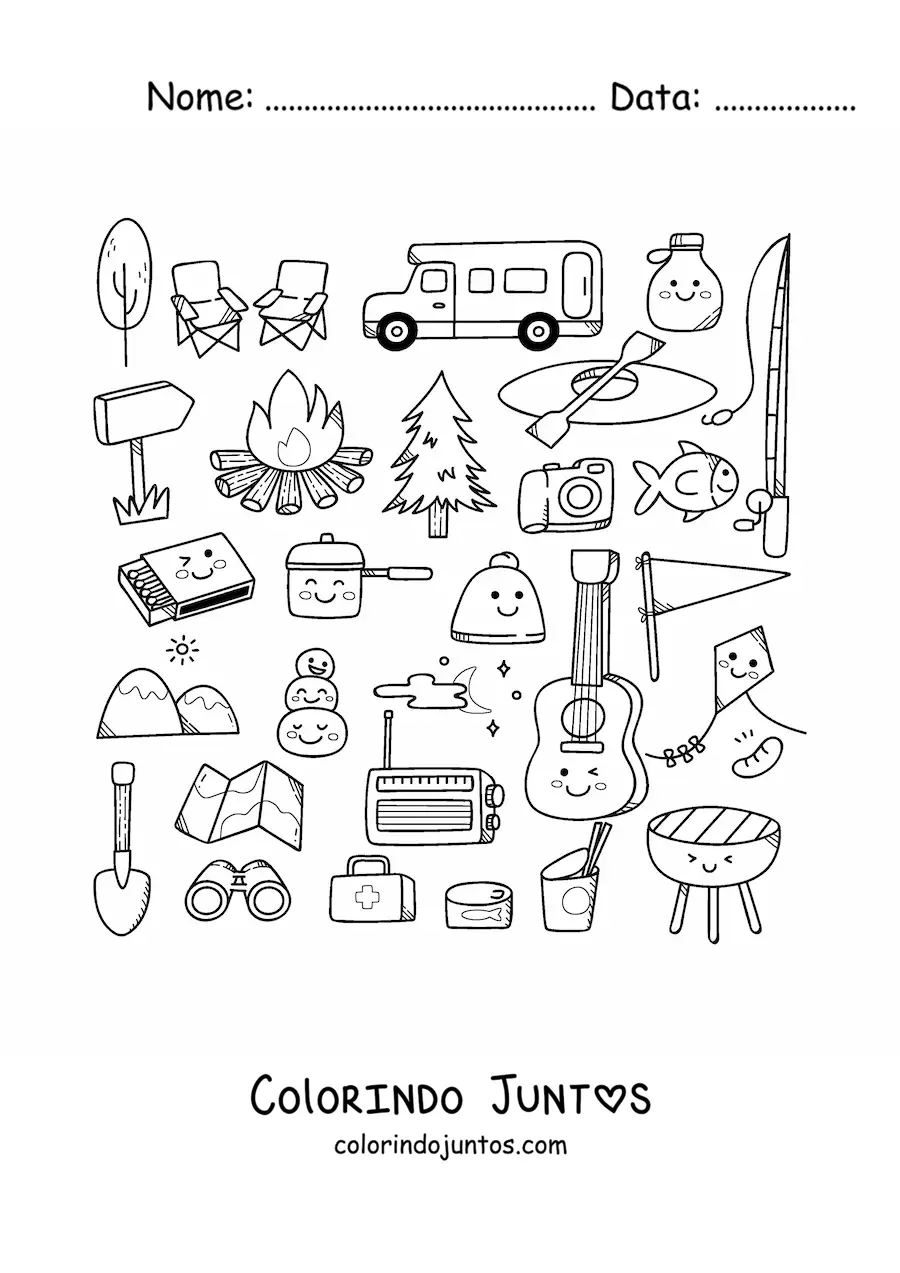 Desenho para colorir de coisas de acampamento kawaii