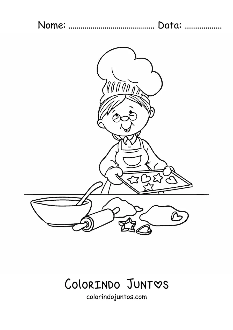 Desenho para colorir de uma vovó fazendo biscoitos com os materiais na mesa