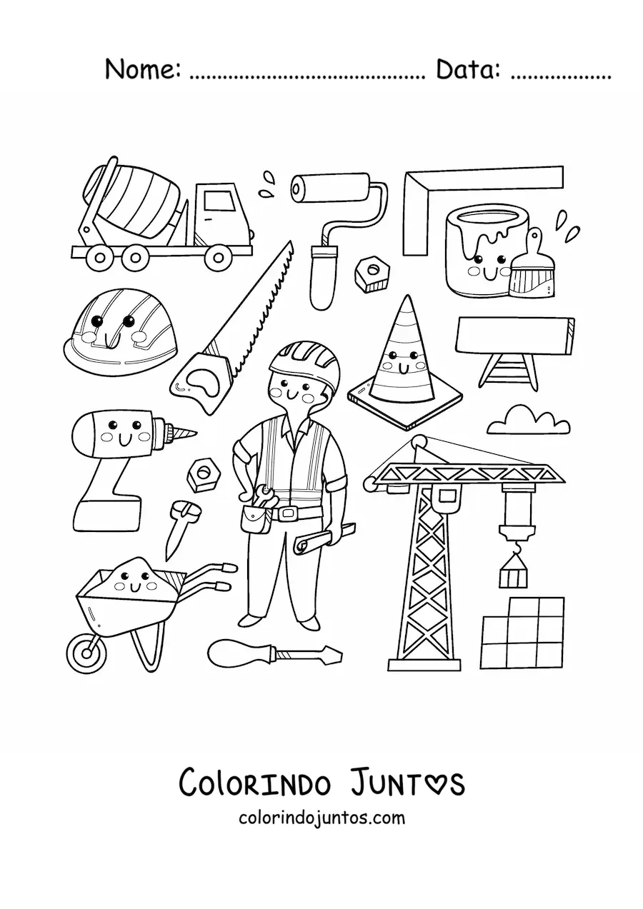 Desenho para colorir de operário e itens de construção kawaii