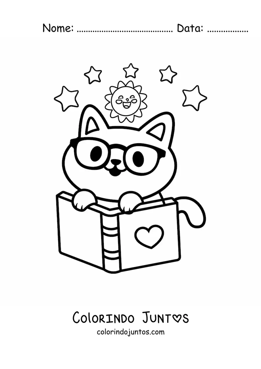 Desenho para colorir de gato kawaii com livro aberto