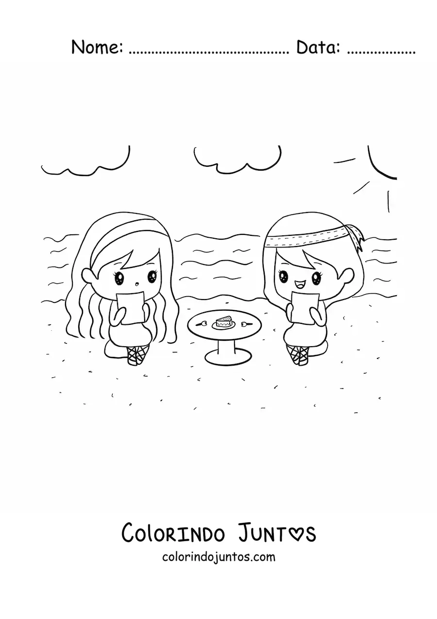 Desenho para colorir de meninas kawaii lanchando em uma mesa redonda