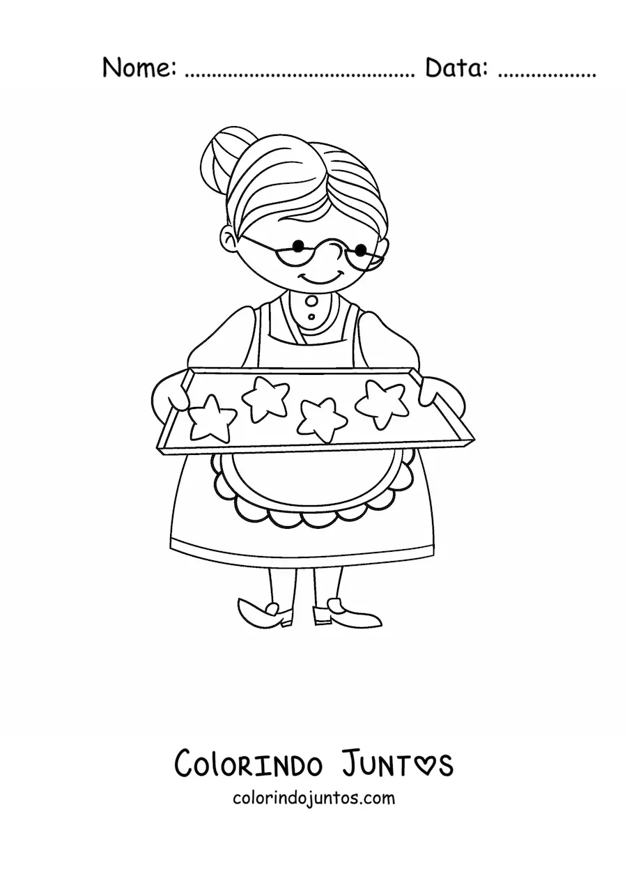 Desenho para colorir de uma vovó com uma bandeja de biscoitos em formato de estrelas