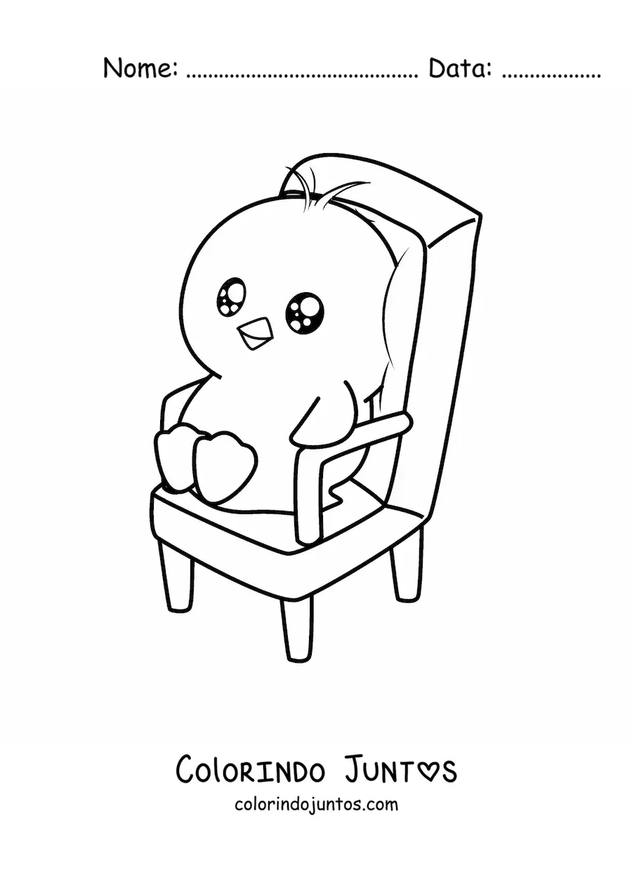 Desenho para colorir de pintinho kawaii animado sentado em uma cadeira