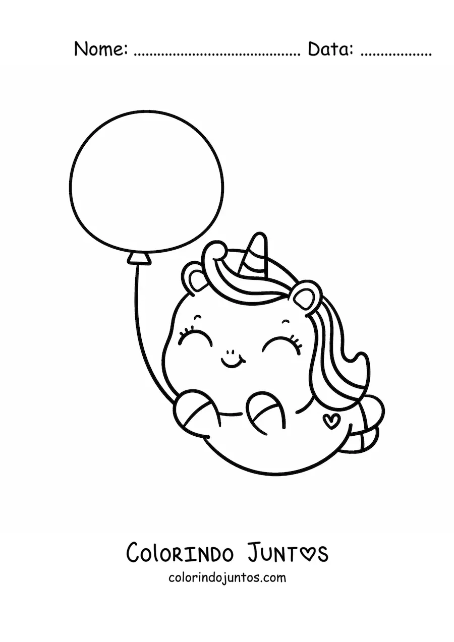Desenho para colorir de unicórnio kawaii animado com balão