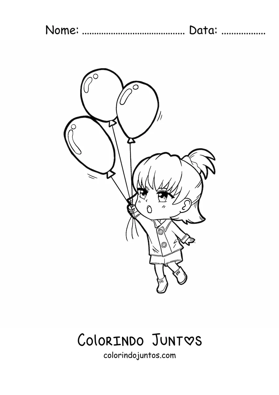 Desenho para colorir de menina kawaii voando com balões