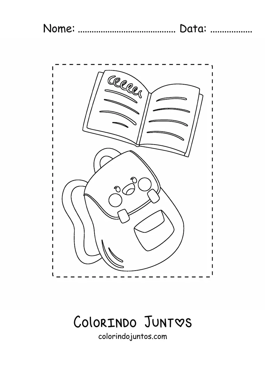 Desenho para colorir de mochila escolar kawaii com caderno