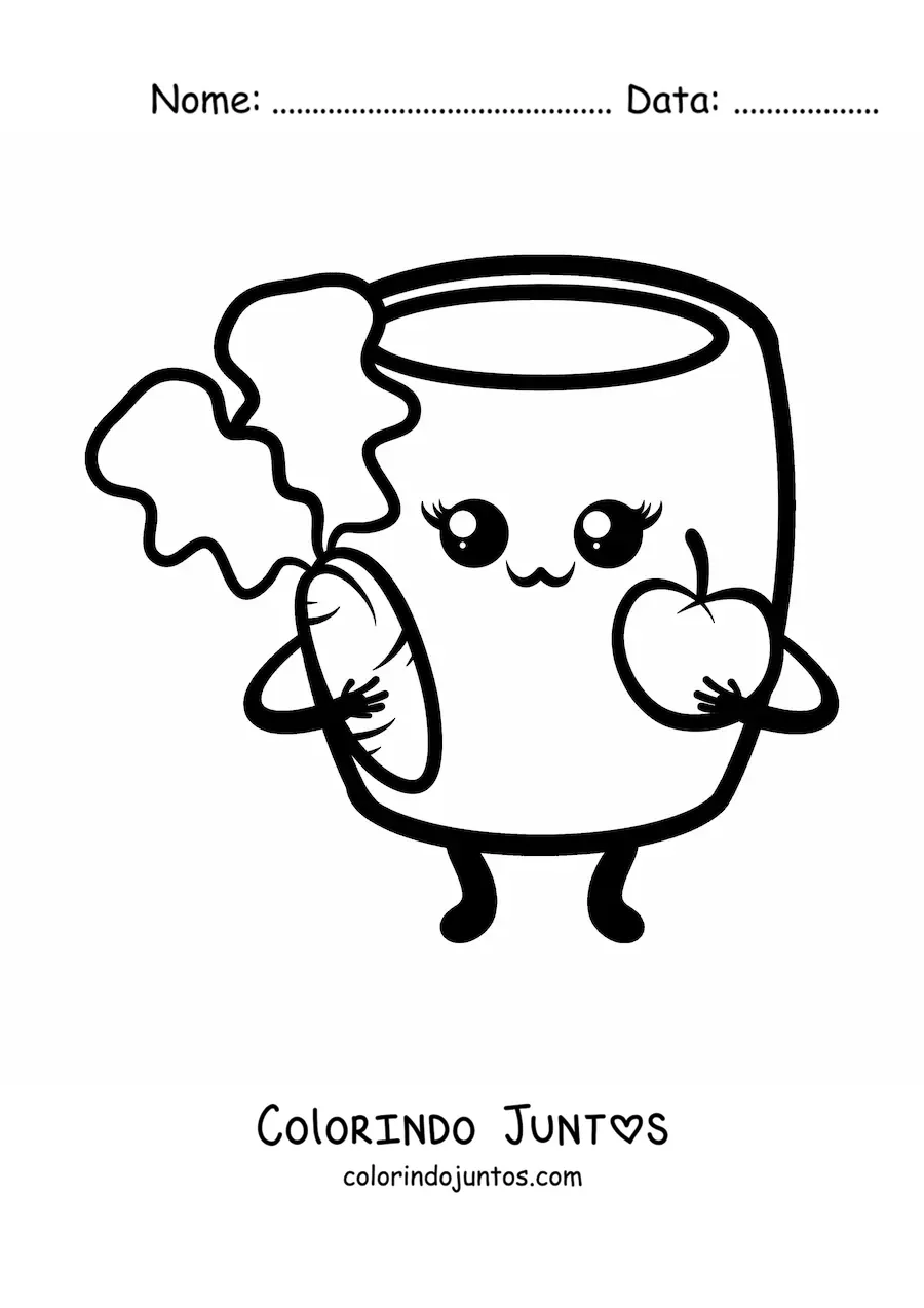 Desenho para colorir de copo cheio kawaii com maçã e cenoura