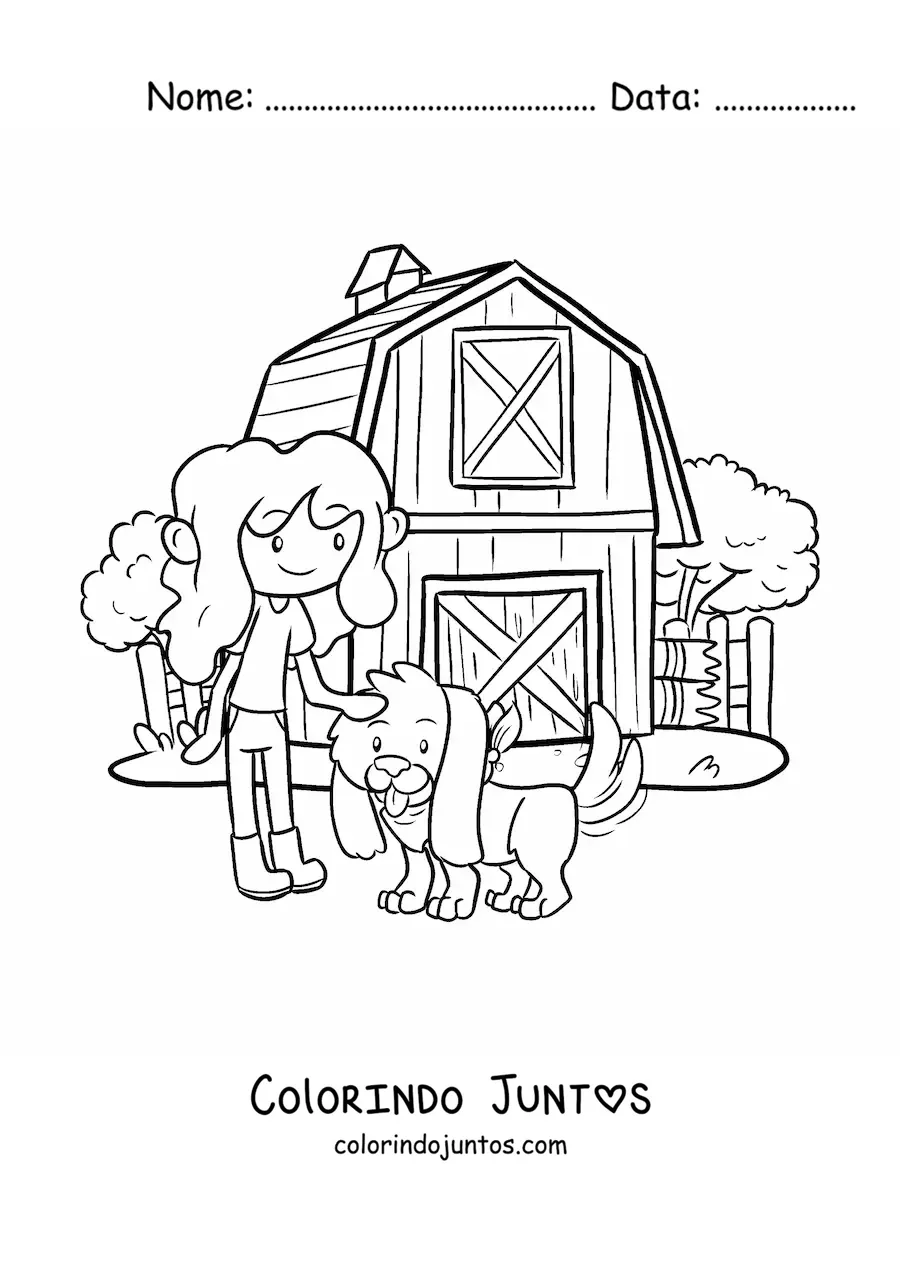 Desenho para colorir de fazendeira com cachorro animado na fazenda kawaii