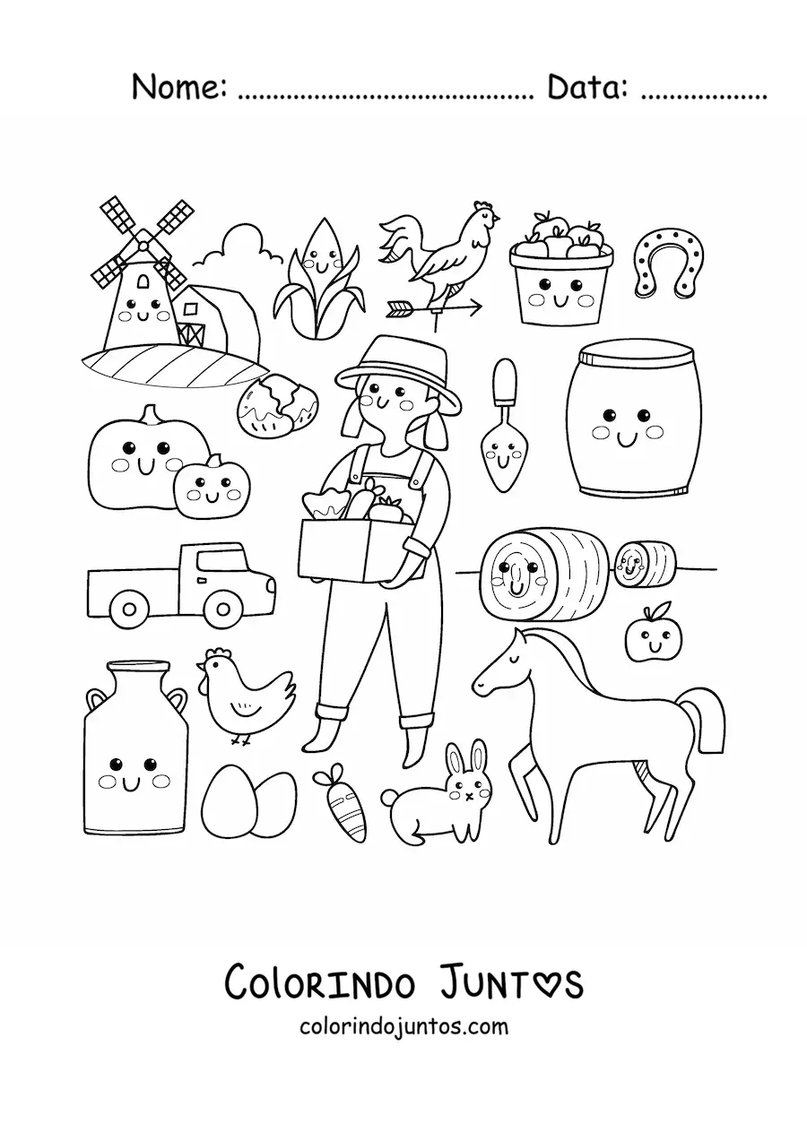 Desenho para colorir de fazendeira e coisas kawaii animadas