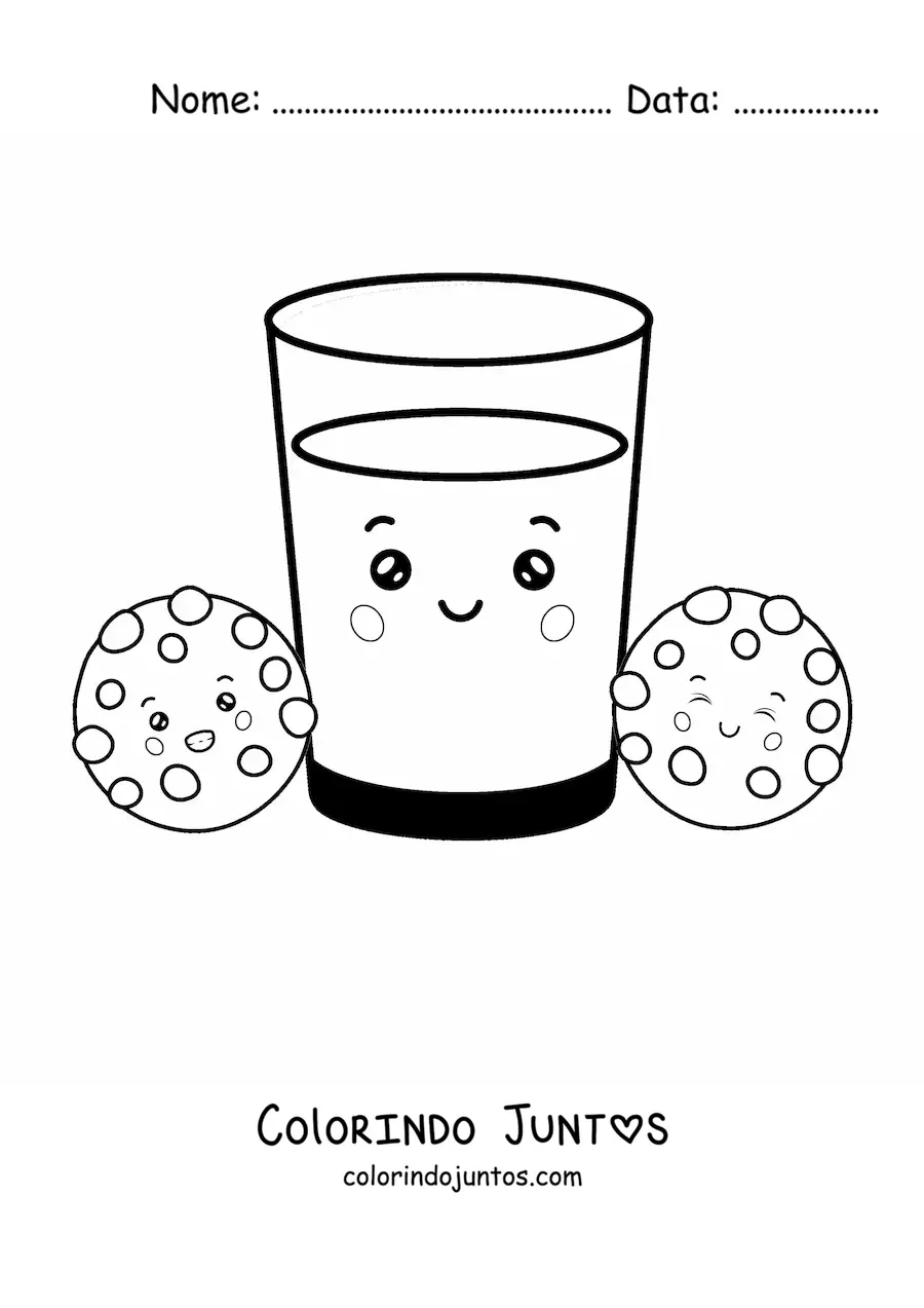 Desenho para colorir de um copo de leite kawaii e dois biscoitos nas laterais