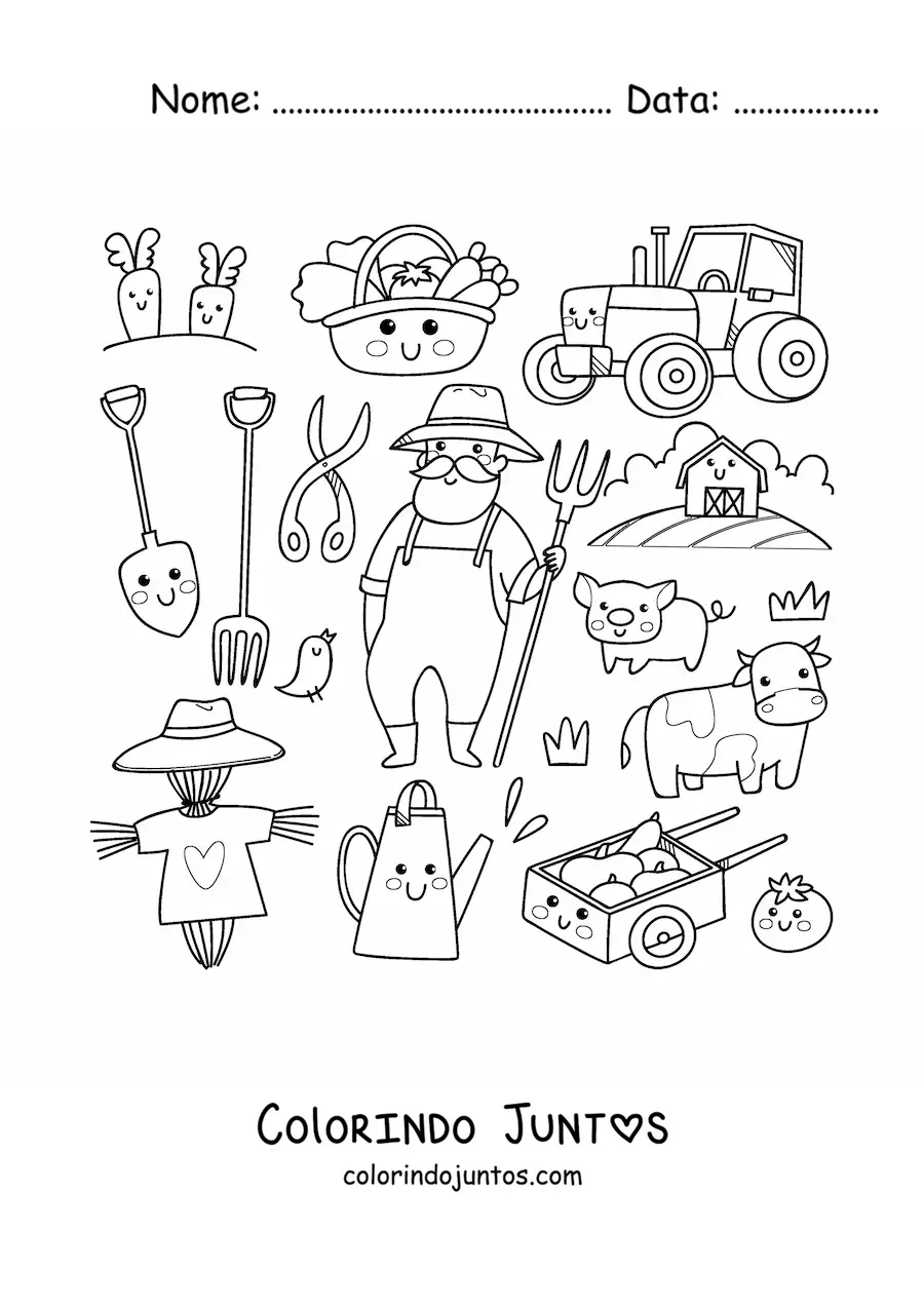 Desenho para colorir de fazendeiro e coisas kawaii animadas