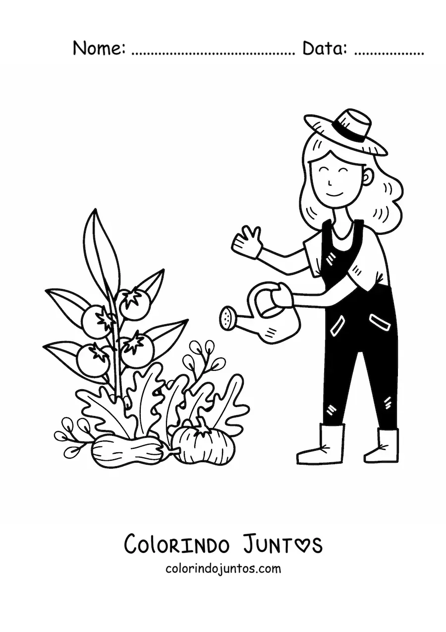 Desenho para colorir de fazendeira kawaii regando um pé de tomate