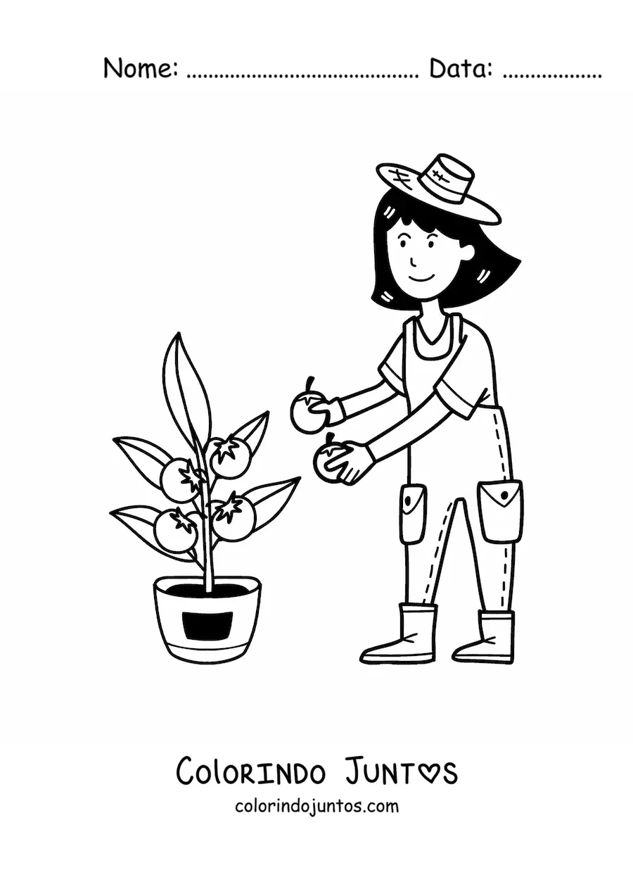 Desenho para colorir de fazendeira kawaii colhendo tomates
